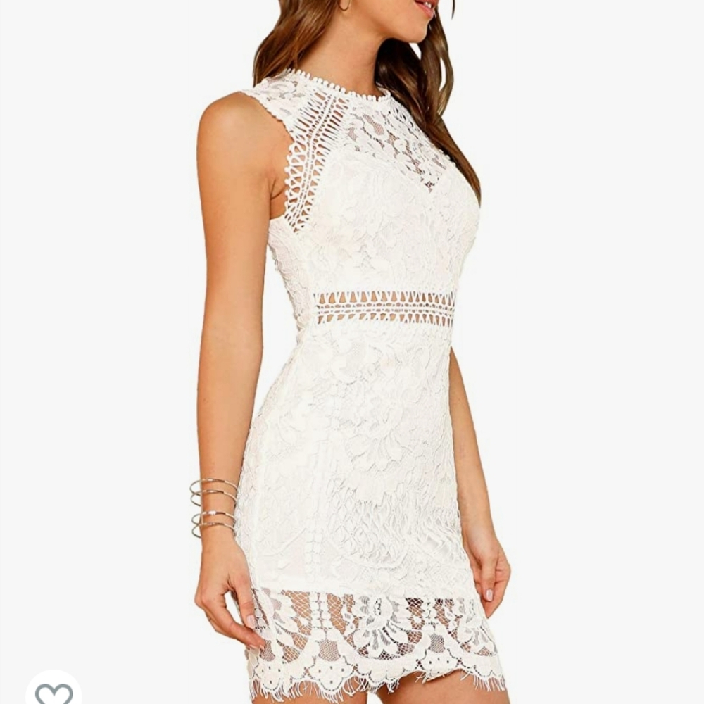 Verdusa White Lace Dress | Scalloped Hem Bodycon Mini | Bridal Shower | Small